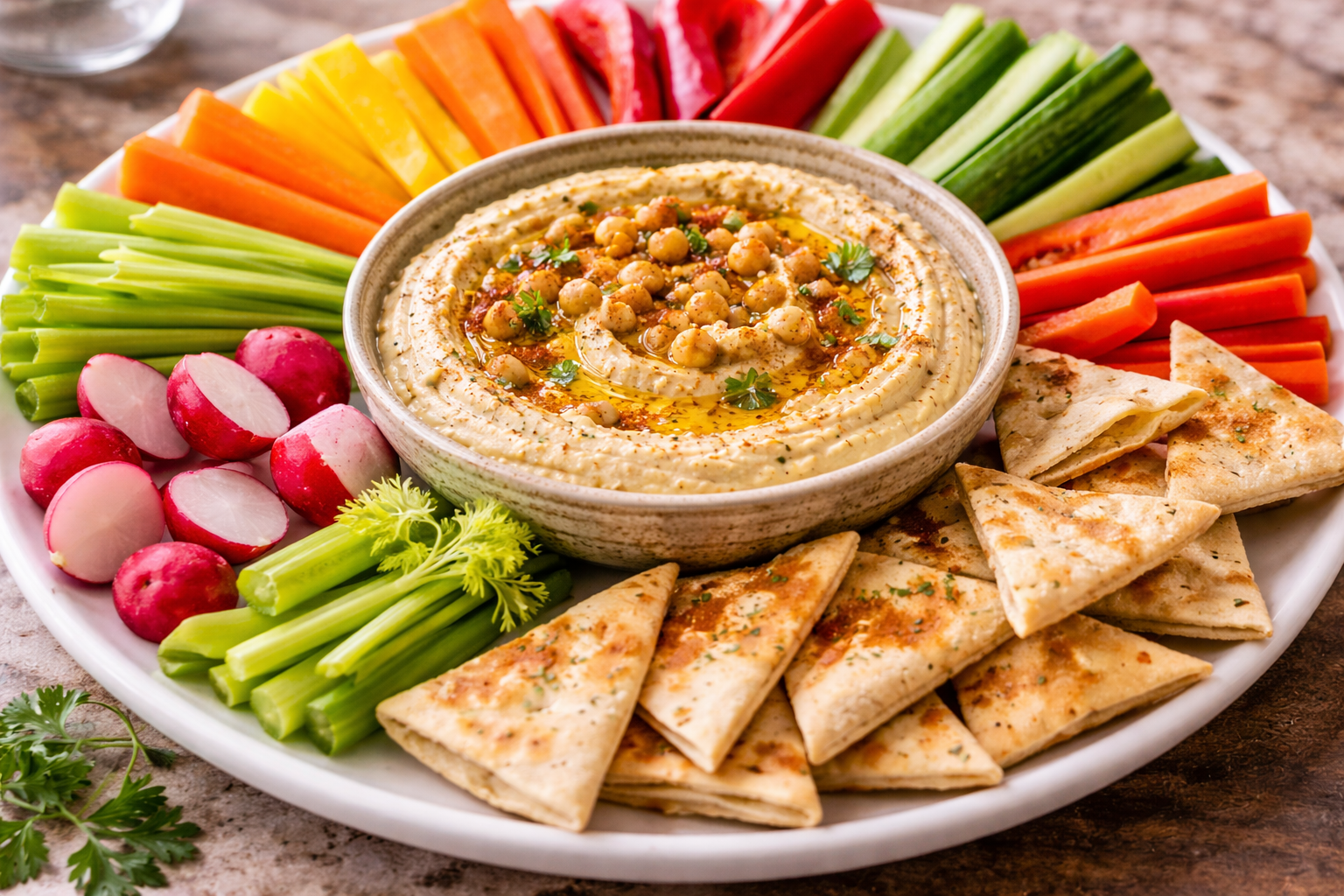 Hummus cruditésien ja pitan kanssa