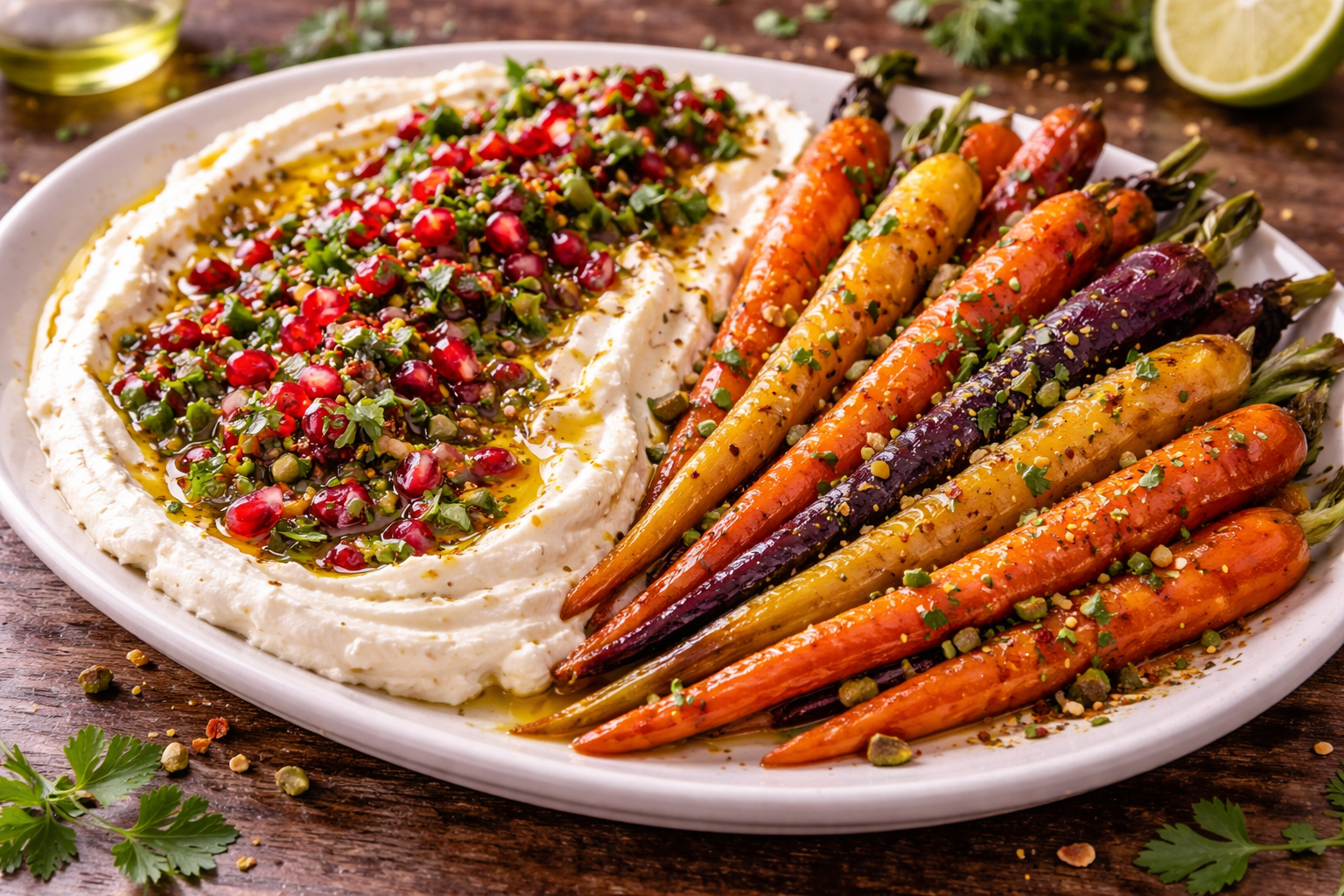 Vatkattu feta hunajapaahdetuilla porkkanoilla ja granaattiomena-chimichurrilla